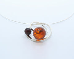 925 Silber Collier mit Sonnensystem-Bernsteinanhänger in Kirsch- und Cognacfarbe