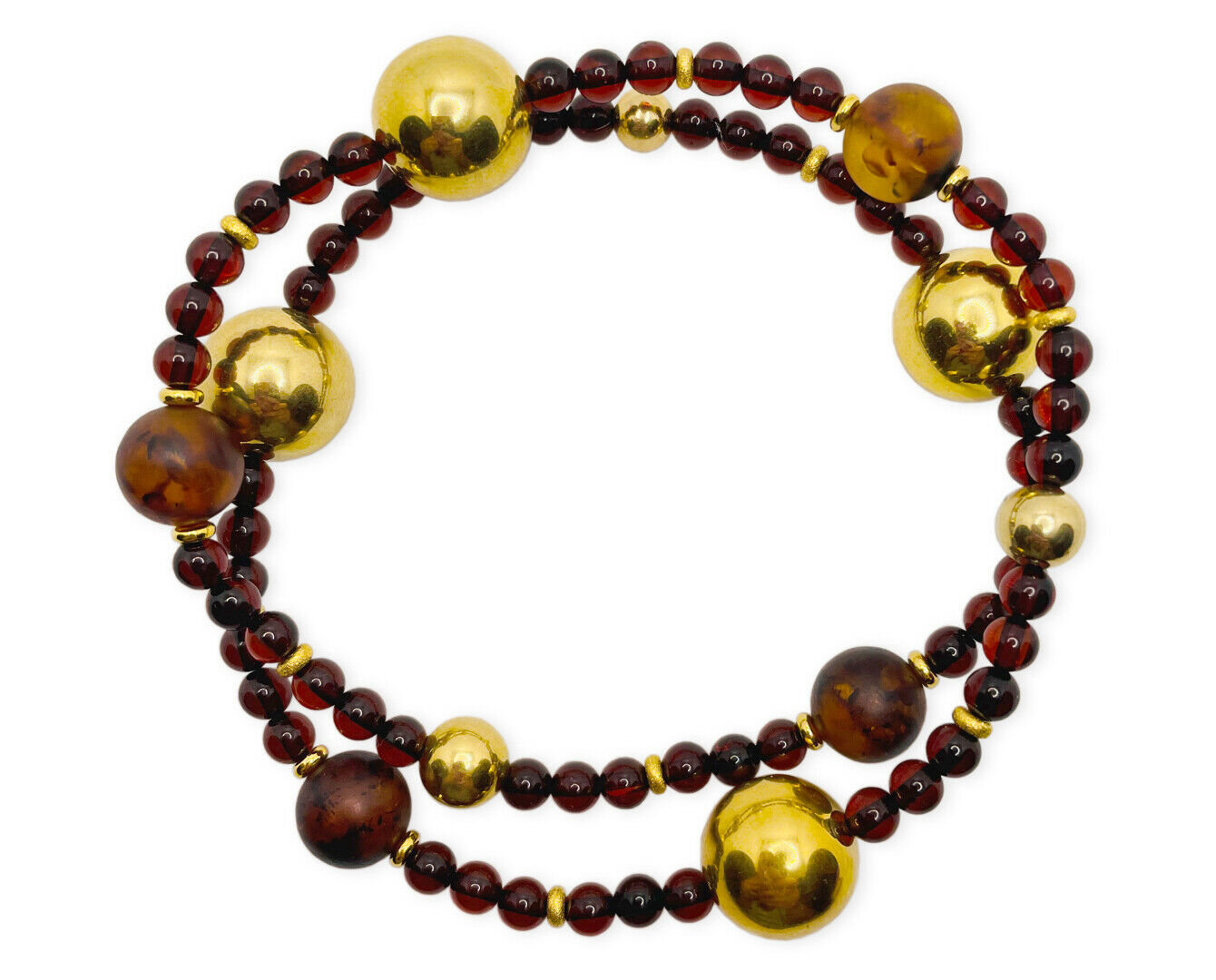 Doppelumwickeltes Bernstein Armband mit vergoldeten 925 Silber Kugeln