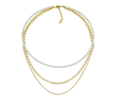 Vergoldetes mehrreihiges 925 Silber Collier mit weißen Zuchtperlen