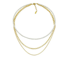 Vergoldetes mehrreihiges 925 Silber Collier mit weißen Zuchtperlen