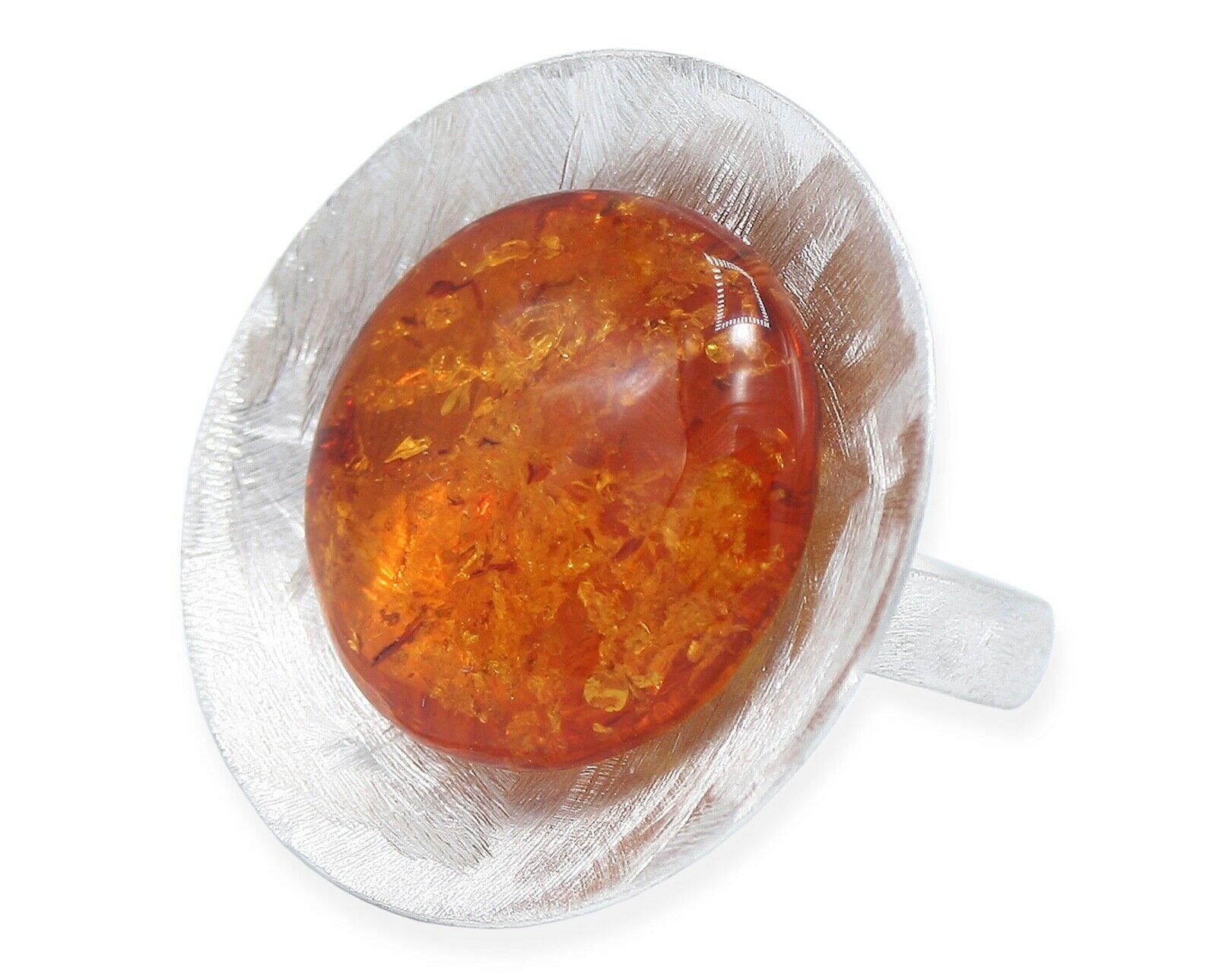 Runder 925 Silber Ring mit flachem Bernstein in Cognacfarbe