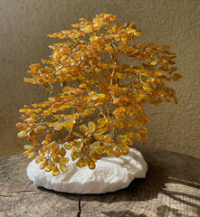 Bonsai Glücksbaum Lebensbaum Geldbaum aus Bernstein XI 18 cm Cognacfarbe Handmade Feng Shui Deko