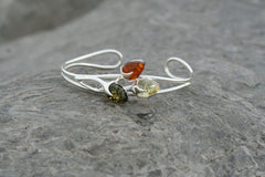 925 Silber Armreif mit drei mehrfarbigen Bernsteinen