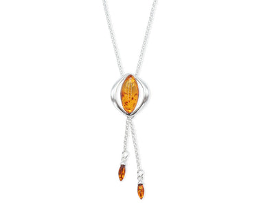 Eleganter 925 Silber Kettenanhänger mit Bernsteintropfen und langer Kette