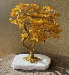 Bonsai Glücksbaum Lebensbaum Geldbaum aus Bernstein XI 18 cm Cognacfarbe Handmade Feng Shui Deko
