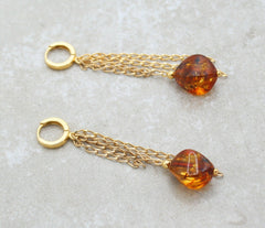 Lange Klappbrisuren Bernstein Ohrringe mit Ketten aus vergoldeten 925 Silberketten