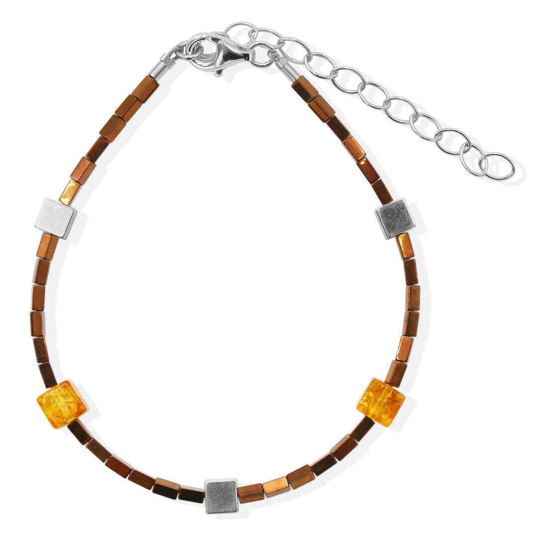 Bronzefarbiges Bernstein-Cube Hämatit Armband mit 925 Silber