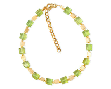 Elegantes Armband mit grünen Bernstein-Cubes und vergoldeten 925 Silber Dreiecken