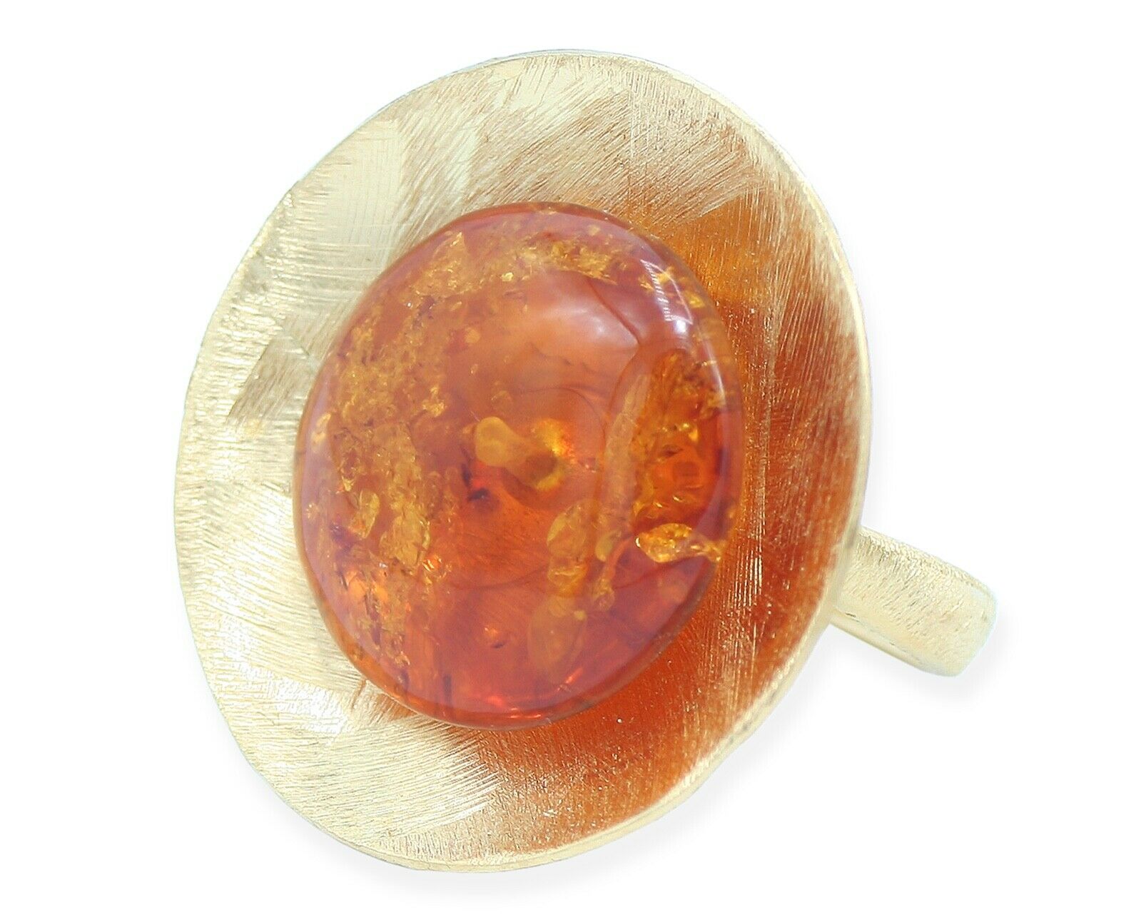 Runder vergoldeter 925 Silber Ring mit flachem Bernstein in Cognacfarbe