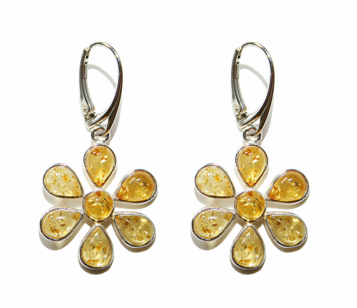 925 Silber Ohrringe mit Bernstein in Gelb in Blumenform