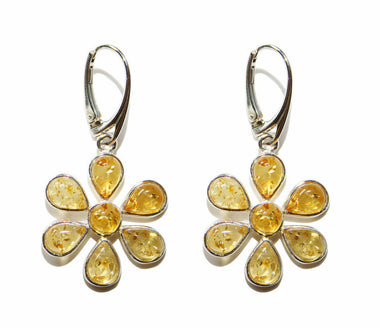 925 Silber Ohrringe mit Bernstein in Gelb in Blumenform