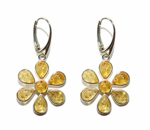925 Silber Ohrringe mit Bernstein in Gelb in Blumenform