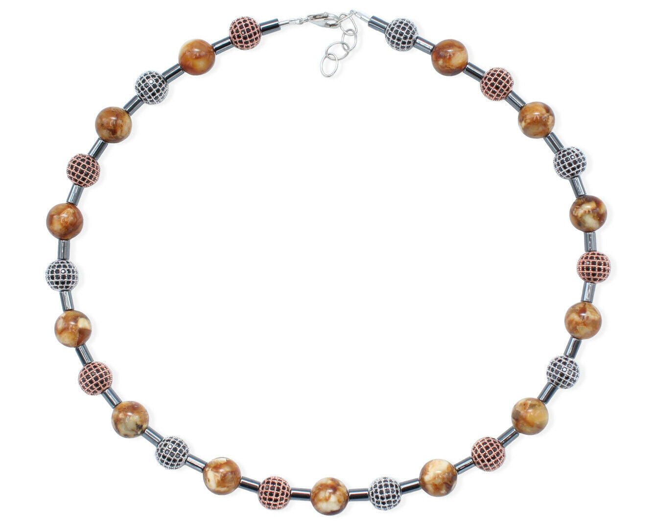 Braunes Bernstein Collier mit glitzernden Zirkonen und Hämatit