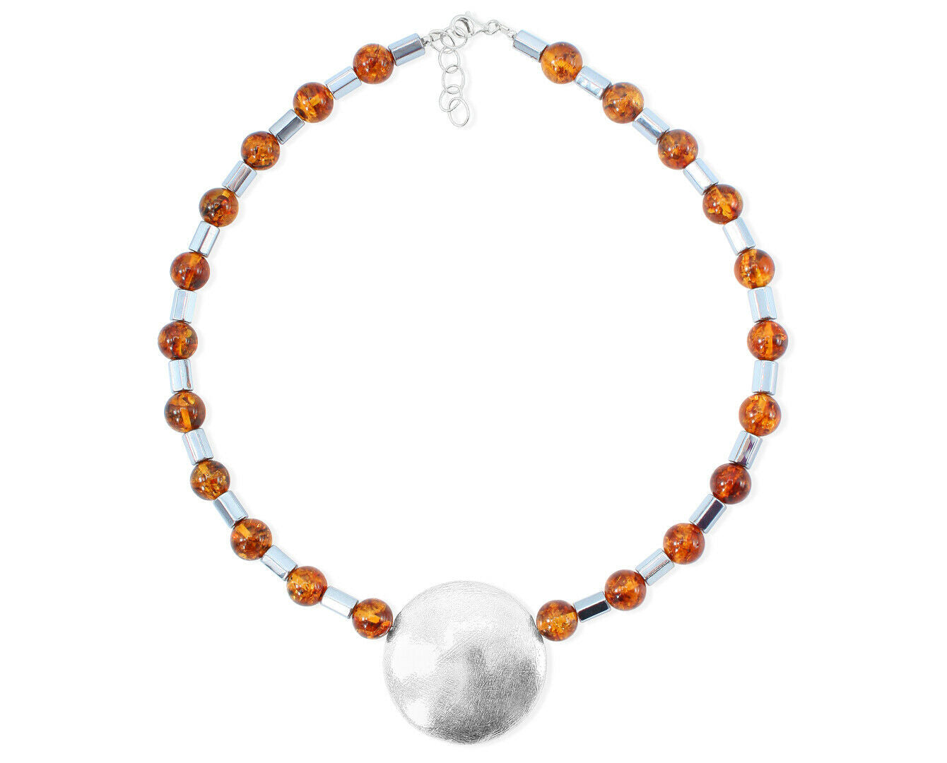 Bernstein Collier mit 925 Silber Diskus mit Hämatitwalzen