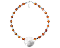 Bernstein Collier mit 925 Silber Diskus mit Hämatitwalzen