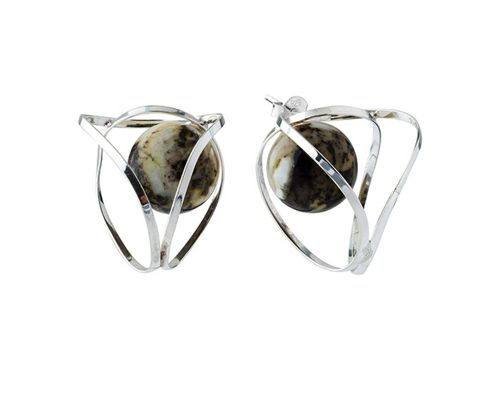 Umwickelte Ohrstecker mit grünlich-weißer Bernsteinkugel und 925 Silber