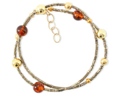 Bernstein Wickelarmband mit Hämatit und vergoldeten 925 Silberkugeln