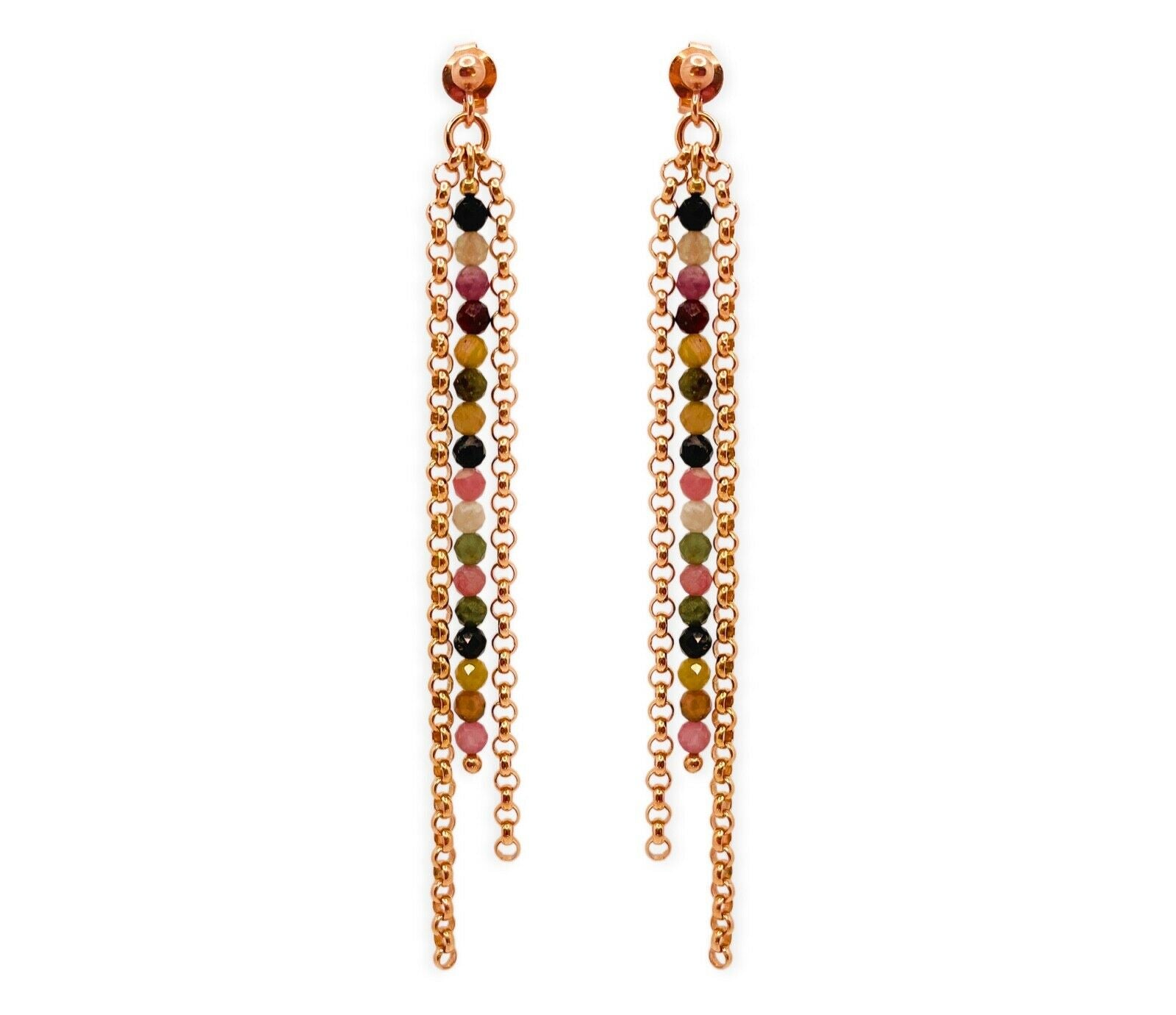 Lange Rosegold 925 Silber Ohrringe mit facettiertem mehrfarbigem Turmalin