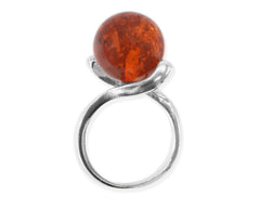Gebogener cognacfarbener 925 Silber Bernstein-Kugel Ring