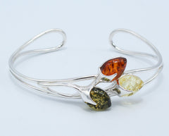 925 Silber Armreif mit drei mehrfarbigen Bernsteinen