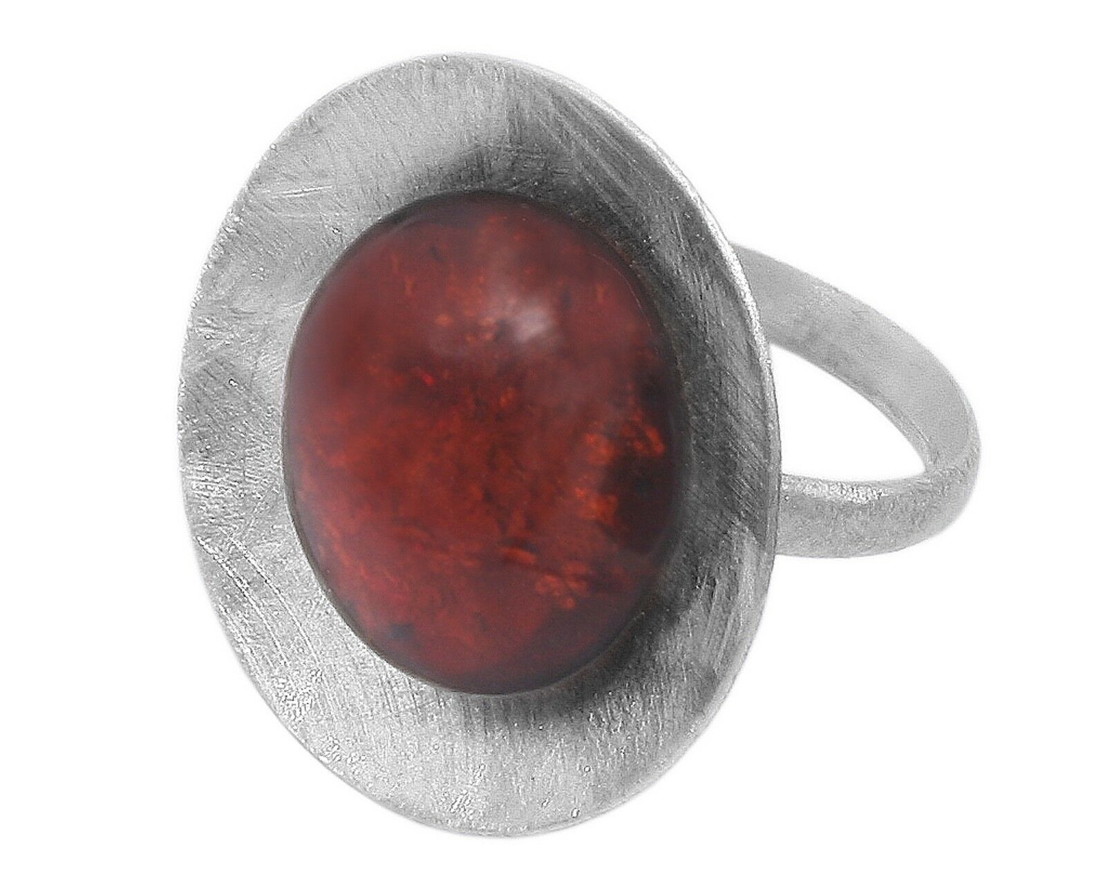 Runder 925 Silber Ring mit flachem Bernstein in Kirschfarbe