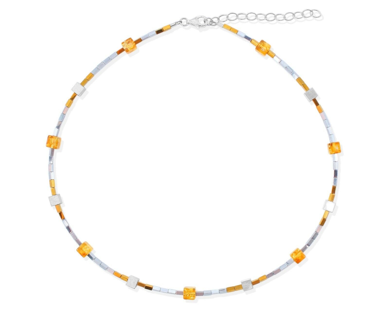 Bernstein-Cube Hämatit Collier mit 925 Silber