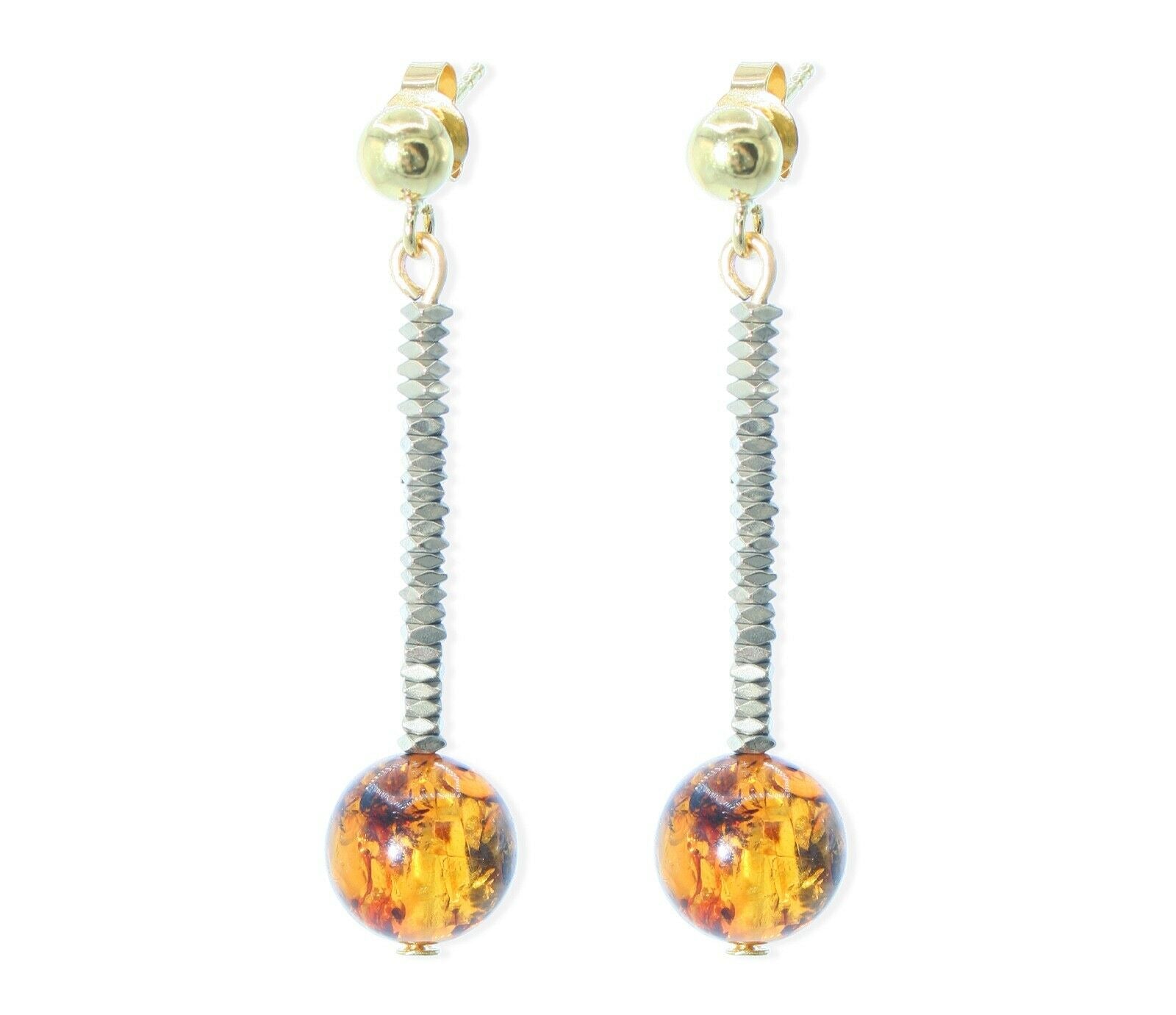 925 Silber Bernstein Ohrringe mit Hämatit in Cognacfarbe