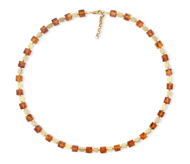 Elegantes Bernstein-Cube Collier aus vergoldeten 925 Silber Dreiecken