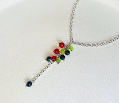 Rhodinierte 925 Silber Y-Kette mit Bernstein in Blau, Rot und Grün