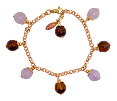 Bernstein und Amethyst Ketten-Armband mit Rosegold 925 Silber