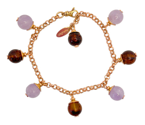 Bernstein und Amethyst Ketten-Armband mit Rosegold 925 Silber
