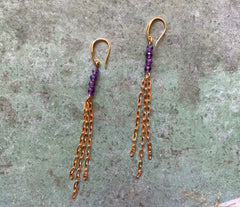 Lange Amethyst Ohrringe mit Rosegold überzogenen 925 Silber Ketten