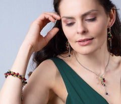 Rhodinierte 925 Silber Y-Kette mit Bernstein in Blau, Rot und Grün