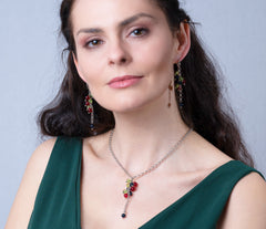 Rhodinierte 925 Silber Y-Kette mit Bernstein in Blau, Rot und Grün