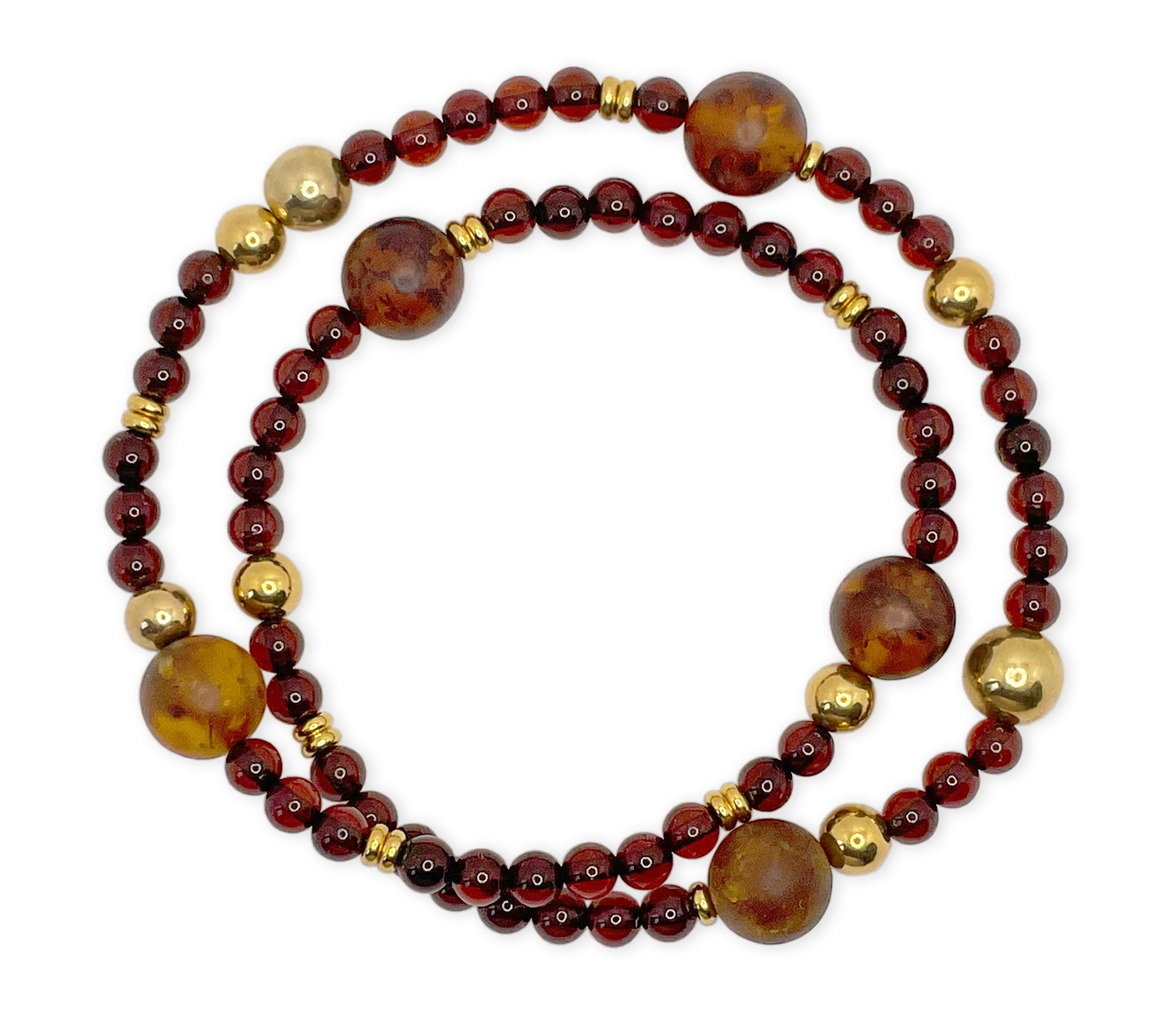 Doppelumwickeltes Armband mit Bernstein in Kirschfarbe und vergoldeten Silberkugeln