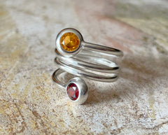 Doppelumwickelter 925 Silber Ring mit Citrin und Granat