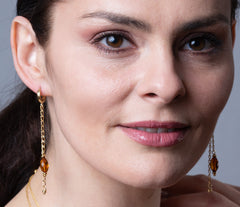 Lange Klappbrisuren Ketten Ohrringe mit facettiertem Bernstein und vergoldetem 925 Silber