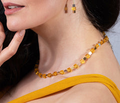 Elegantes Bernstein-Cube Collier mit Dreiecken aus vergoldetem 925 Silber