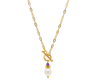 Vergoldetes 925 Silber Collier mit Knebelverschluss, weißer Zuchtperle und Amethyst