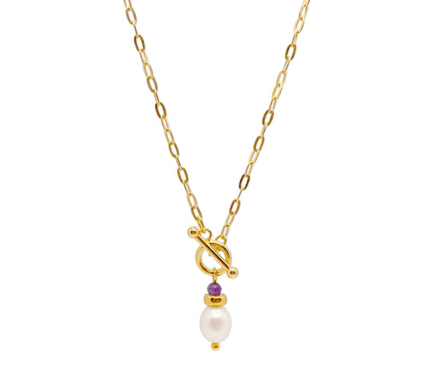 Vergoldetes 925 Silber Collier mit Knebelverschluss, weißer Zuchtperle und Amethyst