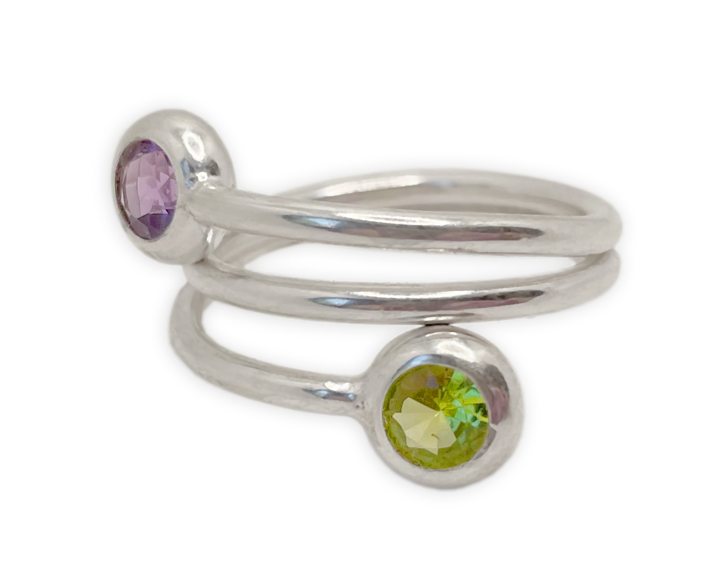 Doppelumwickelter 925 Silber Ring mit Peridot und Amethyst