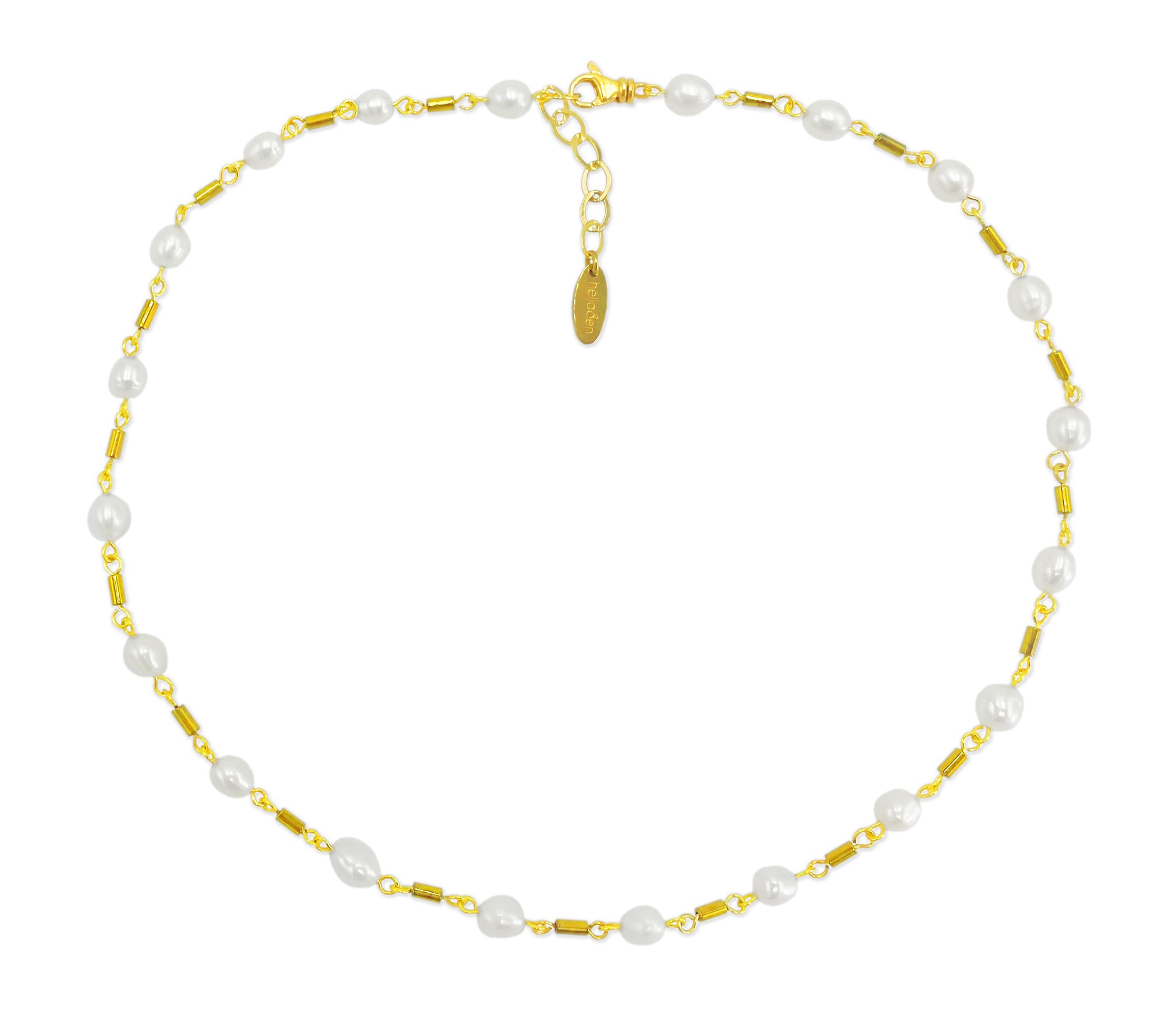 Vergoldetes 925 Silber Collier mit Hämatit und weißen Zuchtperlen