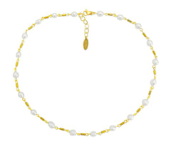 Vergoldetes 925 Silber Collier mit Hämatit und weißen Zuchtperlen