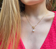 Vergoldetes 925 Silber Collier mit Knebelverschluss, weißer Zuchtperle und Amethyst