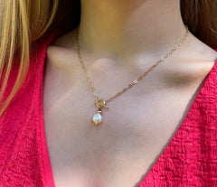 Vergoldetes 925 Silber Collier mit Knebelverschluss, weißer Zuchtperle und Amethyst