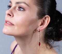 Lange Klappbrisuren Ketten Ohrringe mit facettiertem rotem Bernstein und Roségold 925 Silber