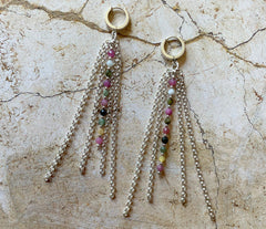 Lange Klappbrisuren Ohrringe mit 925 Silber Ketten und Turmalinsteinen