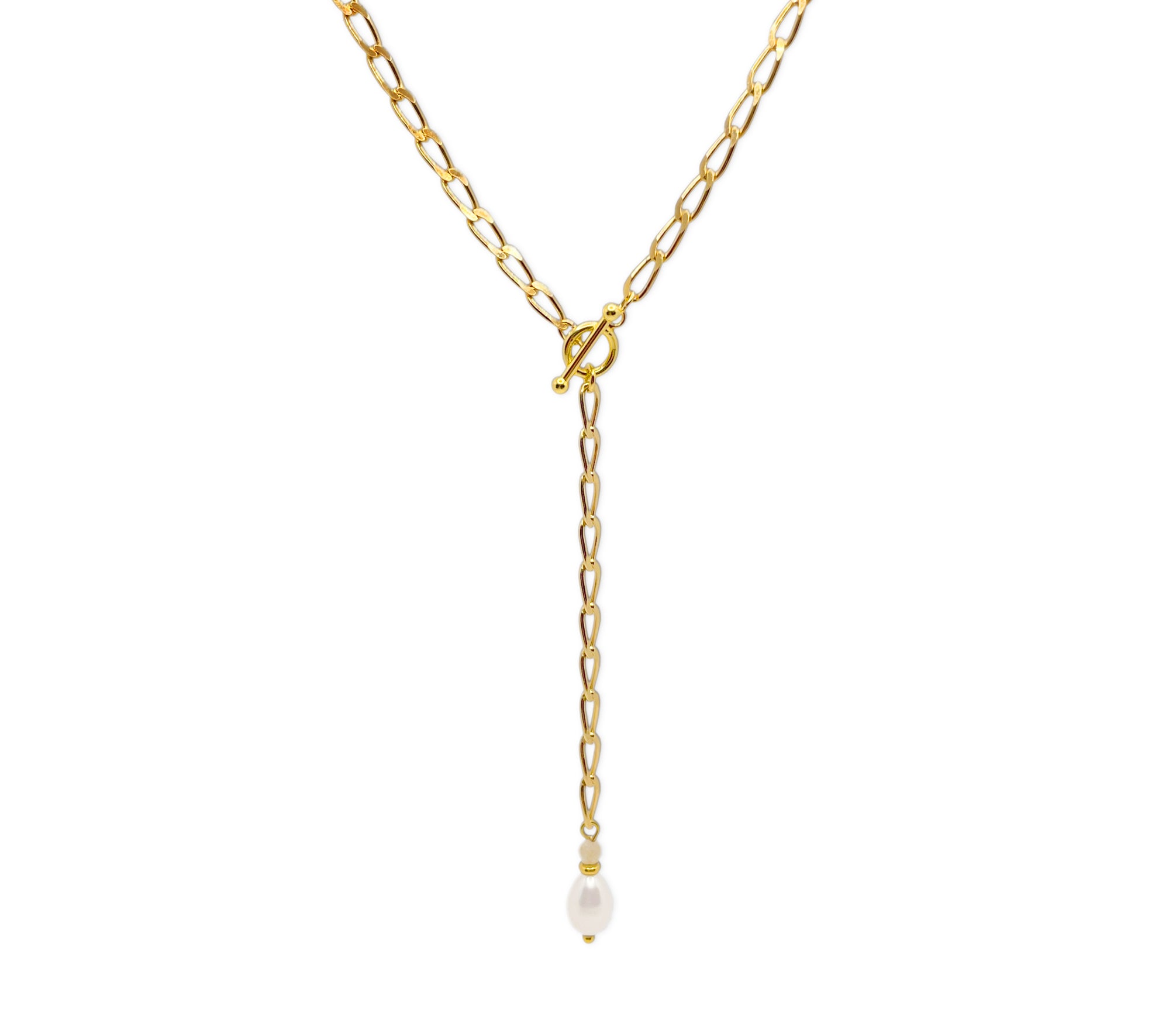 Vergoldete 925 Silber Y-Kette mit weißer Zuchtperle und Labradorit